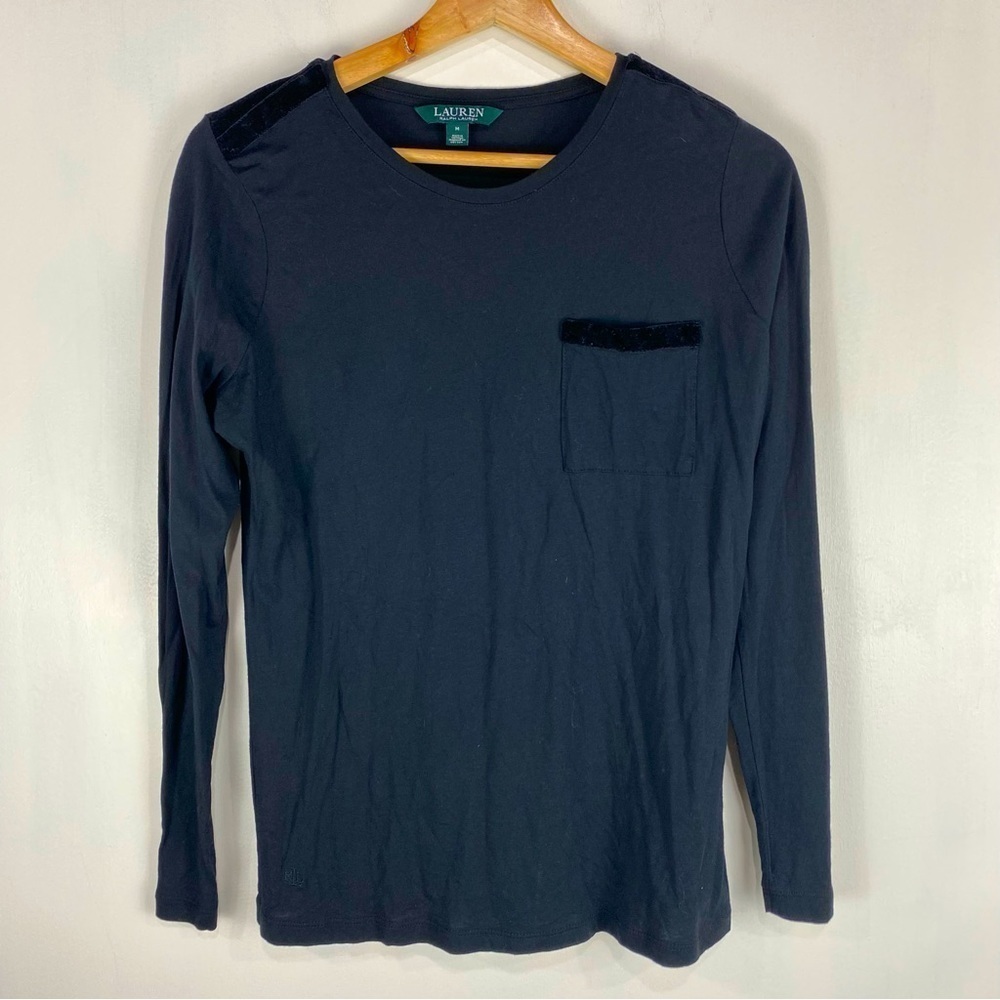 Lauren Ralph Lauren Essential Velvet‎ Long Sleeve Shirt Top Size Black Medium